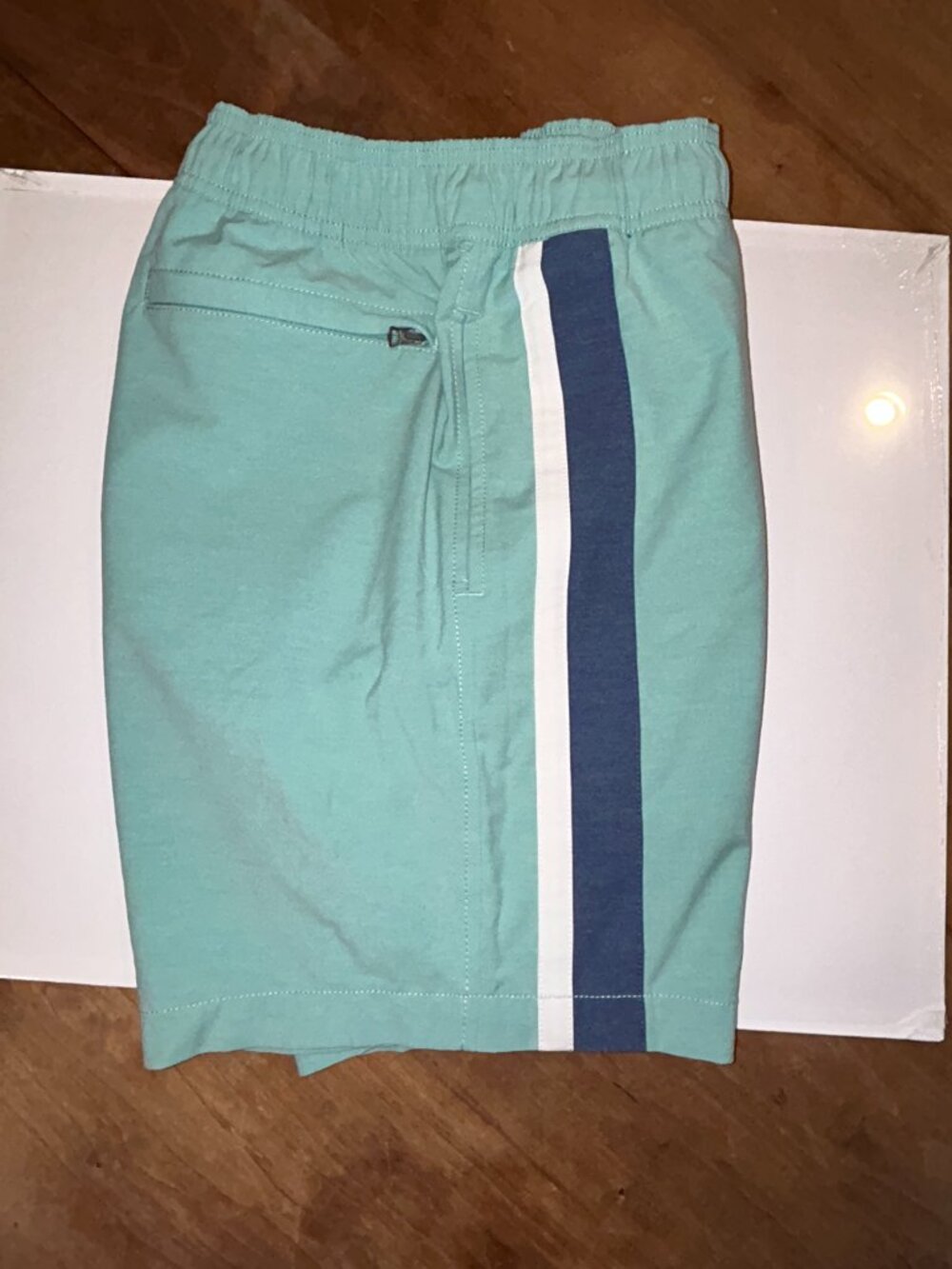 Faherty Swim Trunk Men's Med, Green with Blue/white stripe, 7" inseam